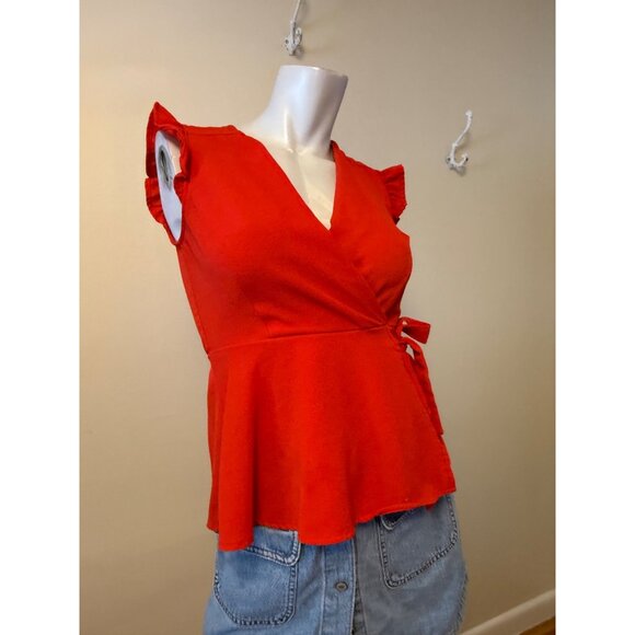 Monteau Red Wrap-Style Sleeveless Ruffle Top Tie Waist & Peplum Medium - Picture 2 of 8